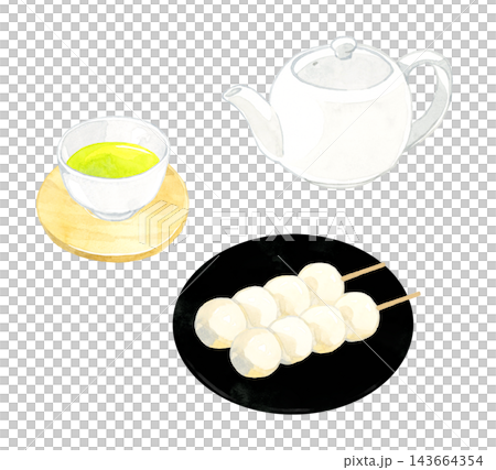 白色の串団子（白団子）と緑茶のセット　手描き水彩イラスト素材 143664354