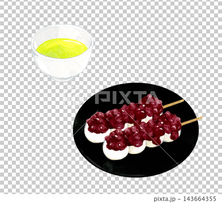 つぶあんの串団子(あん団子)と緑茶のセット 手描き水彩イラスト素材 つぶあんの串団子(あん団子)と緑茶のセット 手描き水彩イラスト素材 143664355