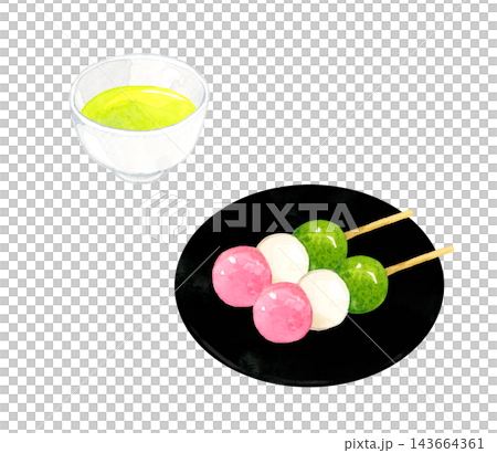 一盤盛放著花見團子(三色團子)和綠茶的盤子-手繪水彩插圖 一盤盛放著花見團子(三色團子)和綠茶的盤子-手繪水彩插圖 143664361