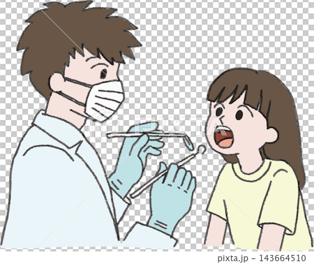Full-color illustration of a girl getting her mouth examined at the dentist. Hand-drawn style stylized illustration (pediatric dentistry, dental checkup, insects) Full-color illustration of a girl getting her mouth examined at the dentist. Hand-drawn style stylized illustration (pediatric dentistry, dental checkup, insects) 143664510