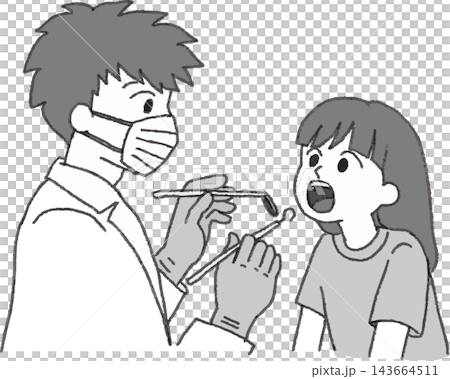 A black and white, hand-drawn style illustration of a girl getting her mouth examined at the dentist (pediatric dentistry, dental checkup, cavity prevention). A black and white, hand-drawn style illustration of a girl getting her mouth examined at the dentist (pediatric dentistry, dental checkup, cavity prevention). 143664511
