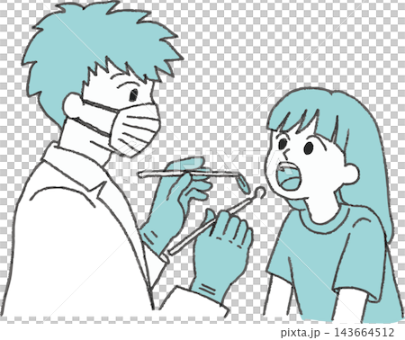 A two-color illustration of a girl getting her mouth examined at the dentist. Hand-drawn style, stylized. (Pediatric dentistry, dental checkup, cavity prevention) A two-color illustration of a girl getting her mouth examined at the dentist. Hand-drawn style, stylized. (Pediatric dentistry, dental checkup, cavity prevention) 143664512