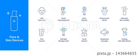 Face and Skin Beauty Device Icon Set. Modern outline vector symbols, home skincare Face and Skin Beauty Device Icon Set. Modern outline vector symbols, home skincare 143664835