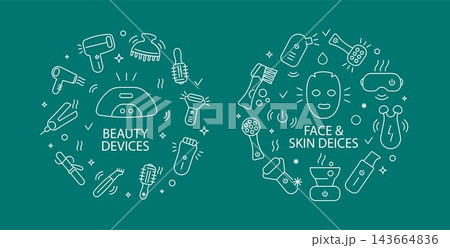 Beauty devices round compositions with outline icons. Vector illustration with face and skin care technology Beauty devices round compositions with outline icons. Vector illustration with face and skin care technology 143664836