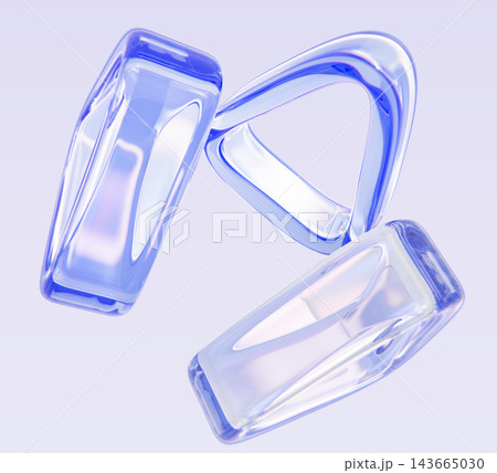 Blue glass triangle 3d shapes floating on light background. Translucent geometric holography forms, modern futuristic abstract design, dynamic glossy crystal figures, flying objects. 3D illustration 143665030