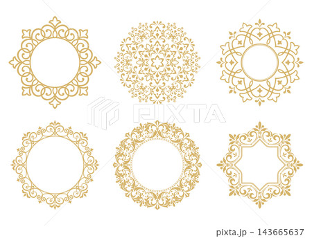 Set of decorative frames Elegant vector element for design in Eastern style, place for text. Floral golden and white frames. Lace illustration for invitations and greeting cards Set of decorative frames Elegant vector element for design in Eastern style, place for text. Floral golden and white frames. Lace illustration for invitations and greeting cards 143665637