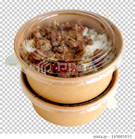 Two stacked kraft paper bowls with clear plastic lids containing grilled meat over white rice. Sustainable food packaging for takeaway or delivery isolated. Two stacked kraft paper bowls with clear plastic lids containing grilled meat over white rice. Sustainable food packaging for takeaway or delivery isolated. 143665833