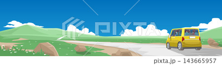 Horizontal traveller of minivan yellow car with family people inside. Driving on upcountry concrete road. Path that rises and falls across vast grassy hills. Under blue sky. For banner background. 143665957