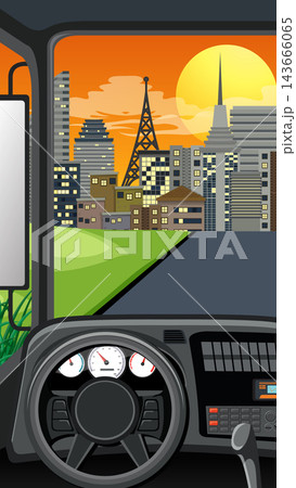 Vector Illustration of a Car Cockpit Driving Toward a City at Sunset Vector Illustration of a Car Cockpit Driving Toward a City at Sunset 143666065