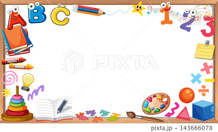 Colorful Kindergarten Whiteboard Frame with School Supplies and Alphabet Vector Illustration 143666078