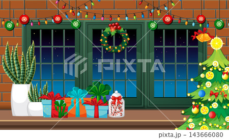 Cozy Christmas Interior with Gifts and Starry Night Window View Cozy Christmas Interior with Gifts and Starry Night Window View 143666080
