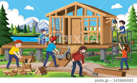 People Building Wooden Cabin with Simple Machines in Forest Illustration People Building Wooden Cabin with Simple Machines in Forest Illustration 143666083