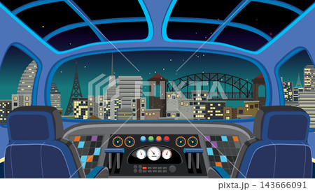 Futuristic Vehicle Cockpit Overlooking Night City Skyline Vector Illustration Futuristic Vehicle Cockpit Overlooking Night City Skyline Vector Illustration 143666091