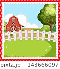 Cartoon Farm Landscape with Red Barn and White Picket Fence 143666097