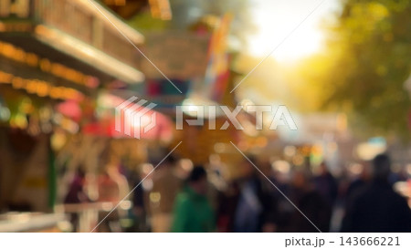 Blurred background of busy outdoor street festival market with lights and crowds in sunlight Blurred background of busy outdoor street festival market with lights and crowds in sunlight 143666221