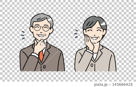 An illustration of a senior man and woman in suits, looking relieved with their hands on their chins. An illustration of a senior man and woman in suits, looking relieved with their hands on their chins. 143666428
