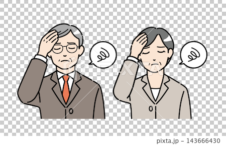 An illustration of a senior man and woman in suits holding their heads with one hand. 143666430