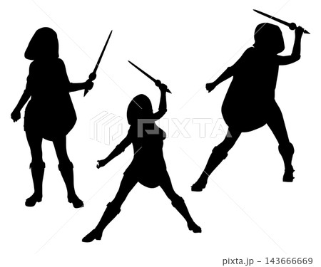 Silhouette of woman warrior holding short sword 143666669