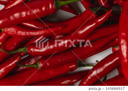 Red chili peppers arranged on a white background Red chili peppers arranged on a white background 143666917