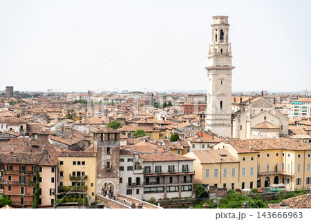 Verona Panoramic City View of Cathedral Bell Tower and Old Town Buildings in Italy. Houses top view 143666963