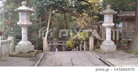 白山比咩神社の石灯籠と木々に包まれた参道 143666970