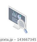 パソコンでデータ分析を行うアイソメトリックなベクターイラスト（グラフ・虫眼鏡・ビジネス） 143667345