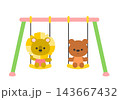 公園のブランコに乗って楽しそうに遊ぶかわいいライオンとくまのイラスト 143667432