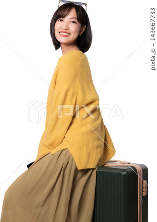 Happy smiling asian woman traveler sitting on luggage concept smart artificial intelligence travel planning assistant, cheerful female tourist enjoying journey preparation Happy smiling asian woman traveler sitting on luggage concept smart artificial intelligence travel planning assistant, cheerful female tourist enjoying journey preparation 143667733