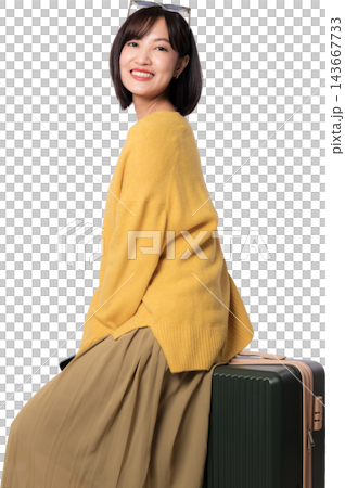 Happy smiling asian woman traveler sitting on luggage concept smart artificial intelligence travel planning assistant, cheerful female tourist enjoying journey preparation Happy smiling asian woman traveler sitting on luggage concept smart artificial intelligence travel planning assistant, cheerful female tourist enjoying journey preparation 143667733