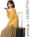 Happy young asian woman sitting on luggage sending audio voice message using smartphone with artificial intelligence technology assistant app isolated on transparency background 143667734