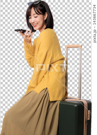Happy young asian woman sitting on luggage sending audio voice message using smartphone with artificial intelligence technology assistant app isolated on transparency background Happy young asian woman sitting on luggage sending audio voice message using smartphone with artificial intelligence technology assistant app isolated on transparency background 143667734
