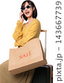 Happy cheerful asian woman holding paper shopping bag and luggage while talking on smartphone using artificial intelligence retail service isolated on transparency background 143667739