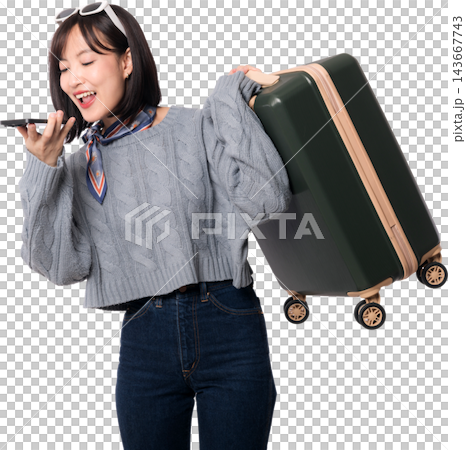 Happy asian woman holding suitcase while using voice artificial intelligence command system on mobile phone for travel trip background 143667743