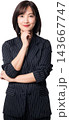 Confident asian woman executive with thoughtful smile standing thoughtfully in professional dark blazer outfit with hand on chin representing artificial intelligence workplace solutions 143667747