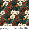 Vector seamless pattern with Christmas pine cones, berries, and flowers. Xmas floral background. Decorative festive floral texture 143667982