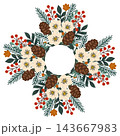 Vector frame with Christmas bouquet with pine cones, berries, flowers and copy space isolated from background. Festive decoration with place for text 143667983