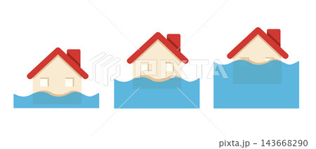 Flooded House Icons Set, Rising Water Level and Home Flood Disaster vector illustration Flooded House Icons Set, Rising Water Level and Home Flood Disaster vector illustration 143668290