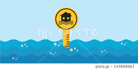 Flood Water Level Gauge Sign with House Warning Icon 143668861