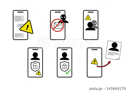 スマートフォンの詐欺・セキュリティ対策イラスト6点セット 不審なSMS・なりすまし・個人情報流出 スマートフォンの詐欺・セキュリティ対策イラスト6点セット 不審なSMS・なりすまし・個人情報流出 143669179
