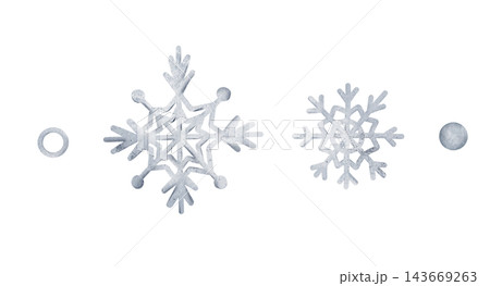 Hand painted watercolor set of winter snow elements snowflakes, circle outline and filled dot in pale bluish grey, isolated on white background, cute weather illustration for Christmas decor, cards. Hand painted watercolor set of winter snow elements snowflakes, circle outline and filled dot in pale bluish grey, isolated on white background, cute weather illustration for Christmas decor, cards. 143669263