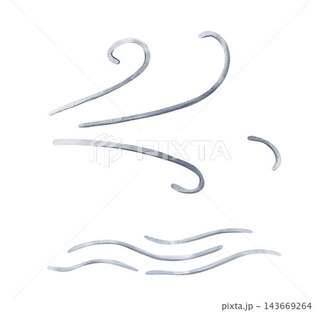 Hand painted watercolor set of wind and breeze motifs with flowing just shapes and wavy lines in cool bluish grey, isolated on white background, weather illustration for forecast graphics, sticker. 143669264