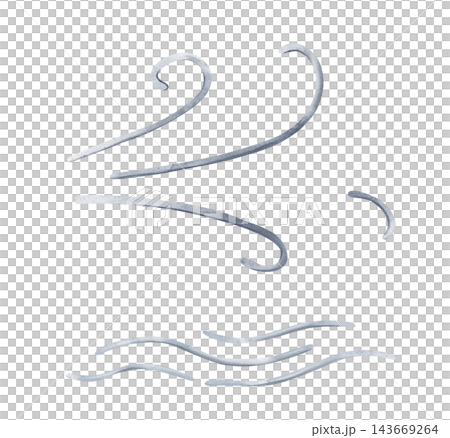 Hand painted watercolor set of wind and breeze motifs with flowing just shapes and wavy lines in cool bluish grey, isolated on white background, weather illustration for forecast graphics, sticker. 143669264