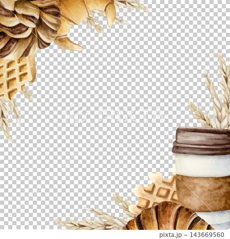 Watercolor bakery frame with takeaway coffee, croissants, waffles and wheat around blank copy space. Warm template for cafe menus, posters, flyers, promotions, invitations and social media designs 143669560