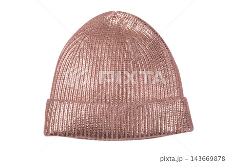 Rose gold metallic knit beanie hat isolated on white background front view Rose gold metallic knit beanie hat isolated on white background front view 143669878