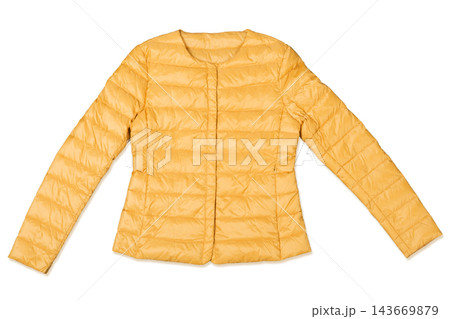 Mustard yellow lightweight puffer jacket without collar isolated on white background flat lay Mustard yellow lightweight puffer jacket without collar isolated on white background flat lay 143669879