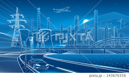 Futuristic industrial city panorama with power plant, electricity pylons, high speed train, highway, bridge and wind turbines. Blue vector illustration of modern urban infrastructure, energy productio Futuristic industrial city panorama with power plant, electricity pylons, high speed train, highway, bridge and wind turbines. Blue vector illustration of modern urban infrastructure, energy productio 143670358