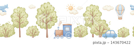 Seamless border with cute watercolour car and train, road. Hand drawn vintage illustration with trees for baby nursery decor 143670422