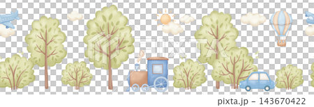Seamless border with cute watercolour car and train, road. Hand drawn vintage illustration with trees for baby nursery decor 143670422