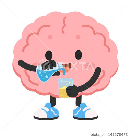 Cute pink brain character performing science experiment with beakers and colorful liquids 143670478