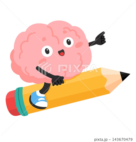 Cute Pink Brain Character Riding a Yellow Pencil 143670479